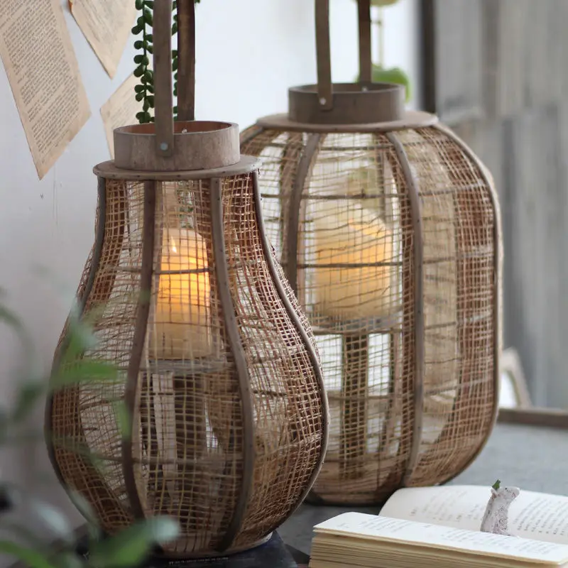 

Vintage wooden wind lamp candlestick hemp silk hand woven lantern lantern homestay teahouse decoration shooting props