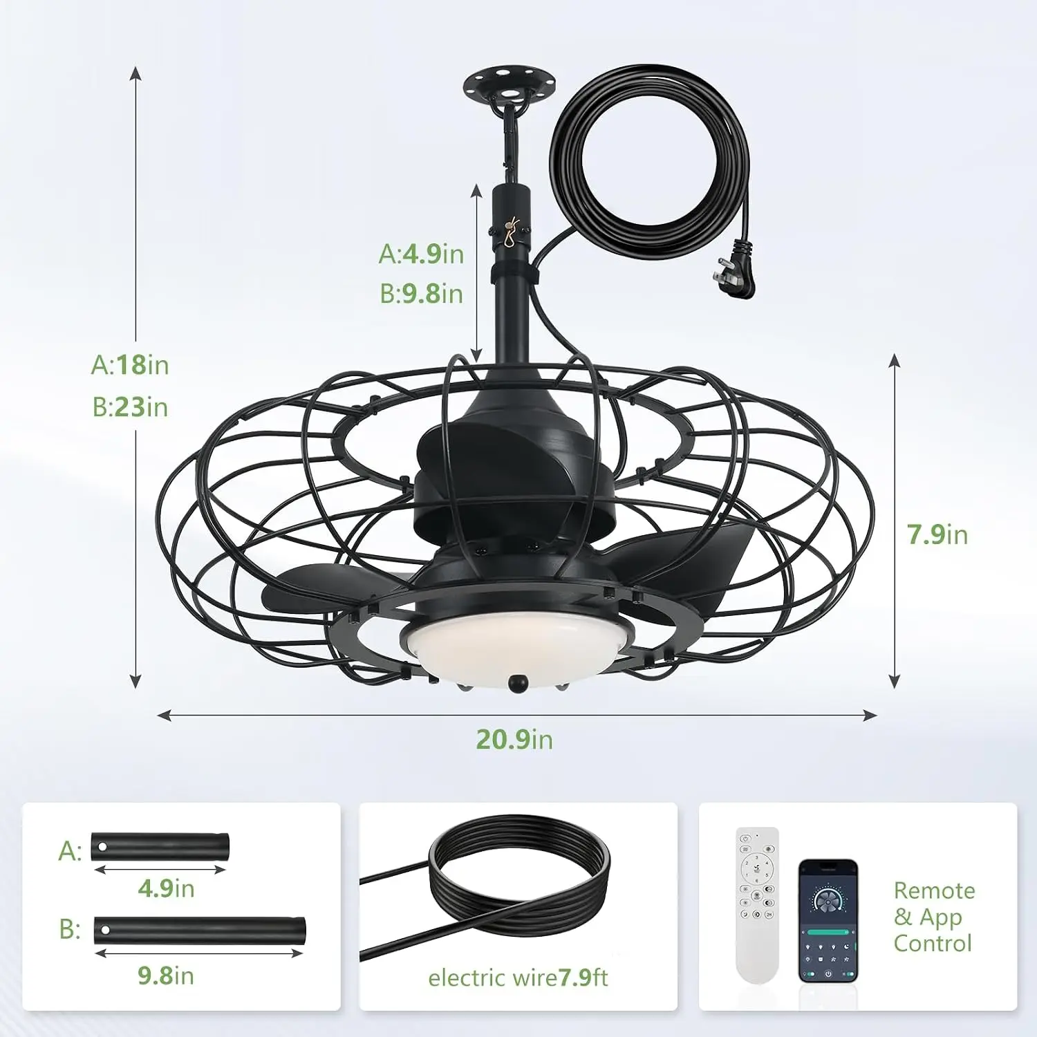20-Inch Black Outdoor Ceiling Fan with Light, Remote & APP Control, 3CCT, 6 Speeds, Outdoor Hanging Hook, IP65 Waterproof Plug-In Gazebo Fan for Patios, Garages, Porches, Pergolas, Canopies