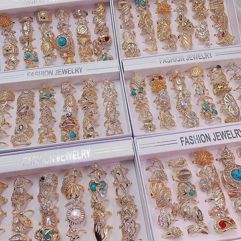 

36pcs/Lot Factory Wholesale Mix Style Gold Plated Finger Rings Party Girl Fashion Rhinestone Crystal Stone Waterproof Ring Gifts