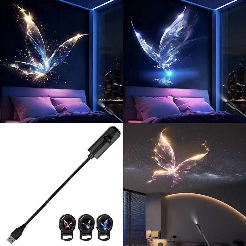 1 Set USB Flexible LED Projector Light 6 Patterns Butterfly Whale Jellyfish Starfish Projection Night Light For Bedroom Decor