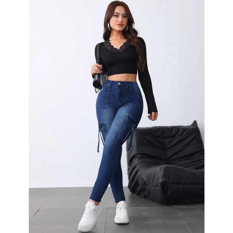 Celana Baggy Slim Wanita Celana Pendek Biru Ketat Wanita Pakaian Kerja Gaya Kasual Eropa dan Amerika Celana Jeans Elastis untuk Wanita