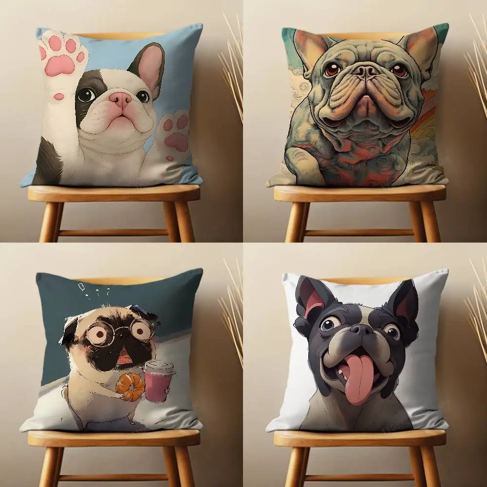 Cute Cartoon Drench Bulldog Throw Pillow Case For 45*45cm,55*55cm,30*30cm,Car Pillowcase Home Bedchamber Decor Gift
