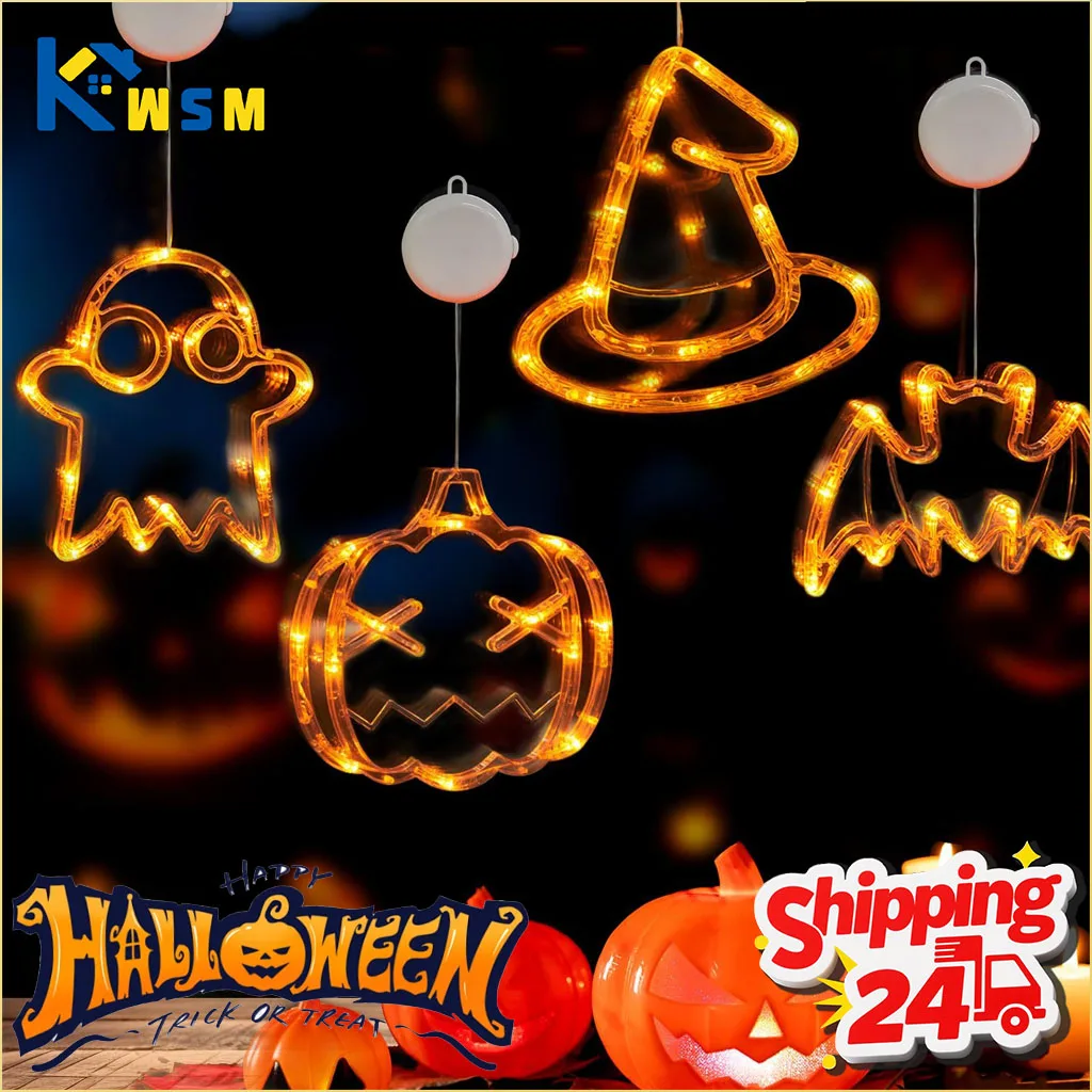 Halloween LED Pumpkin Decoration Light with Suction Cup for House Window Wall Party Atmosphere Festival Decor Props