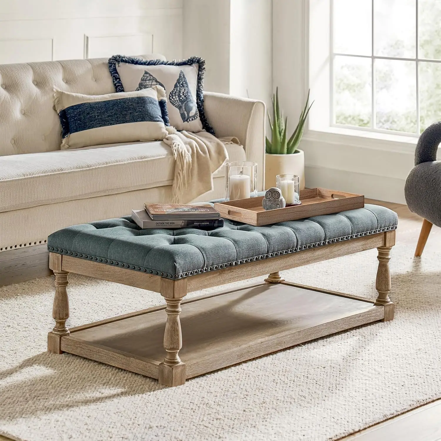 

Rectangle Ottoman Coffee Table with Tray, Tufted Living Room Ottoman with Solid Wood Storage Shelf, Blue