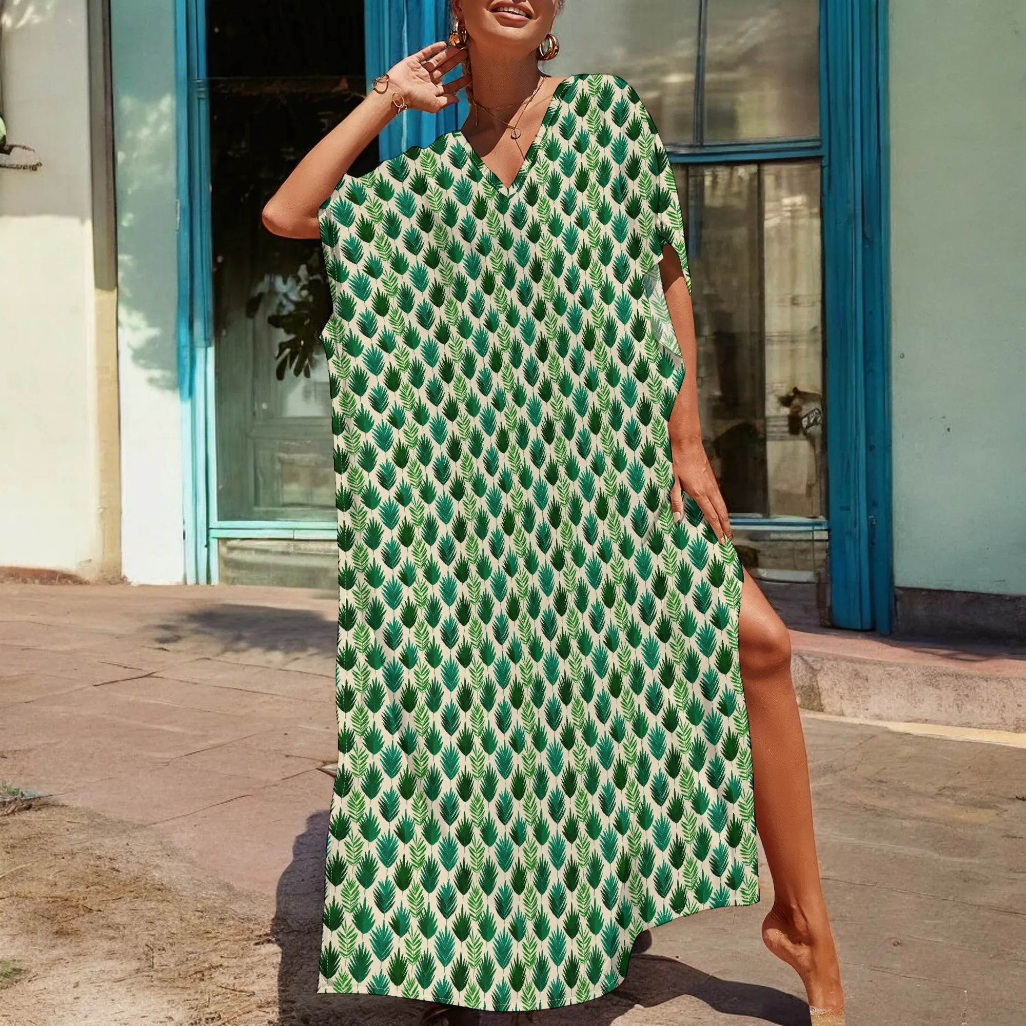 

Palm Leaf Kaftan Dress Green Tropical Print V-Neck Loose Fit S-3XL for Summer Vacation, Beach or Casual Afro Style