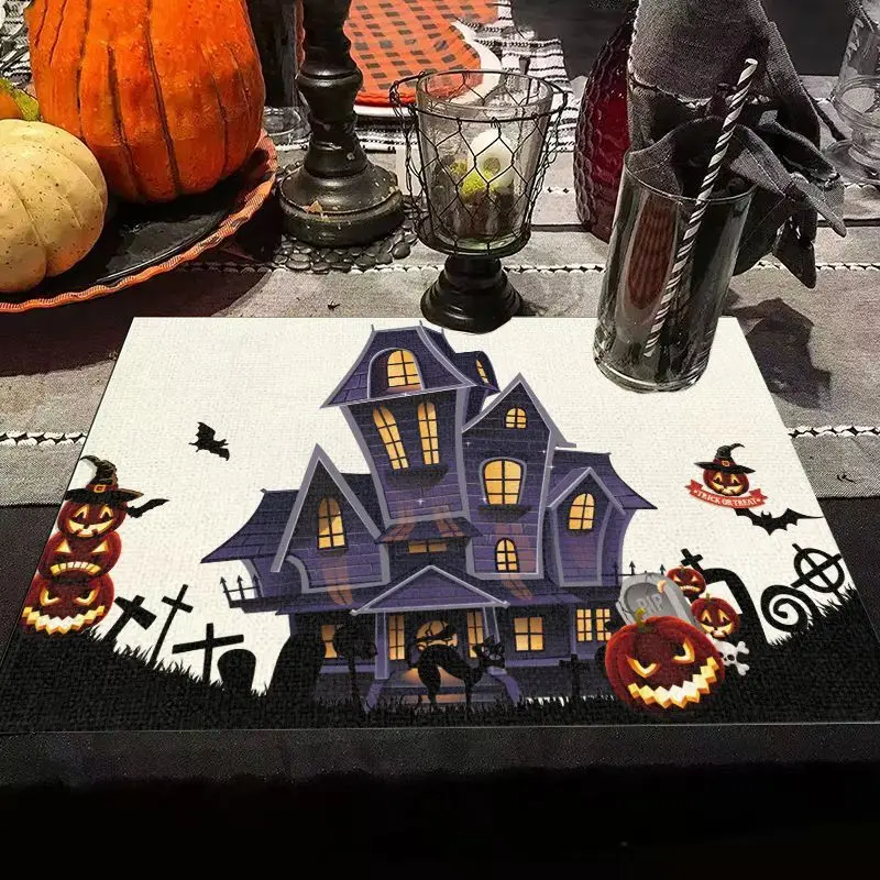 VIKAMA Purple Haunted House Halloween Placemat Linen Pumpkin Black Cat Print Heat Resistant Dining Table Decor