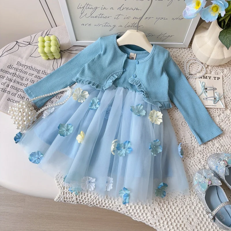 

Sweet Girl's Outfit2025Spring and Autumn New Style Girl Baby Flower Fairy Princess Coat and Dress Two-Piece Set