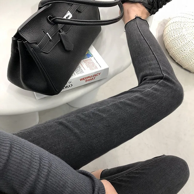 Charcoal Grey Stretchy Slim Fit Nine-Tenths Denim Jeans High Waist Cotton Elasticity Autumn Winter Student Deep Color Pencil ...