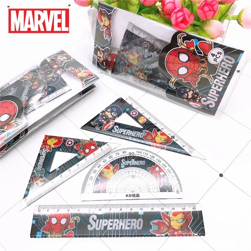 

Marvel Ruler Avengers Superheroes Cartoon Spider Man Iron Man Student Study Stationery Plastics Triangular Protractor 4pcs Set