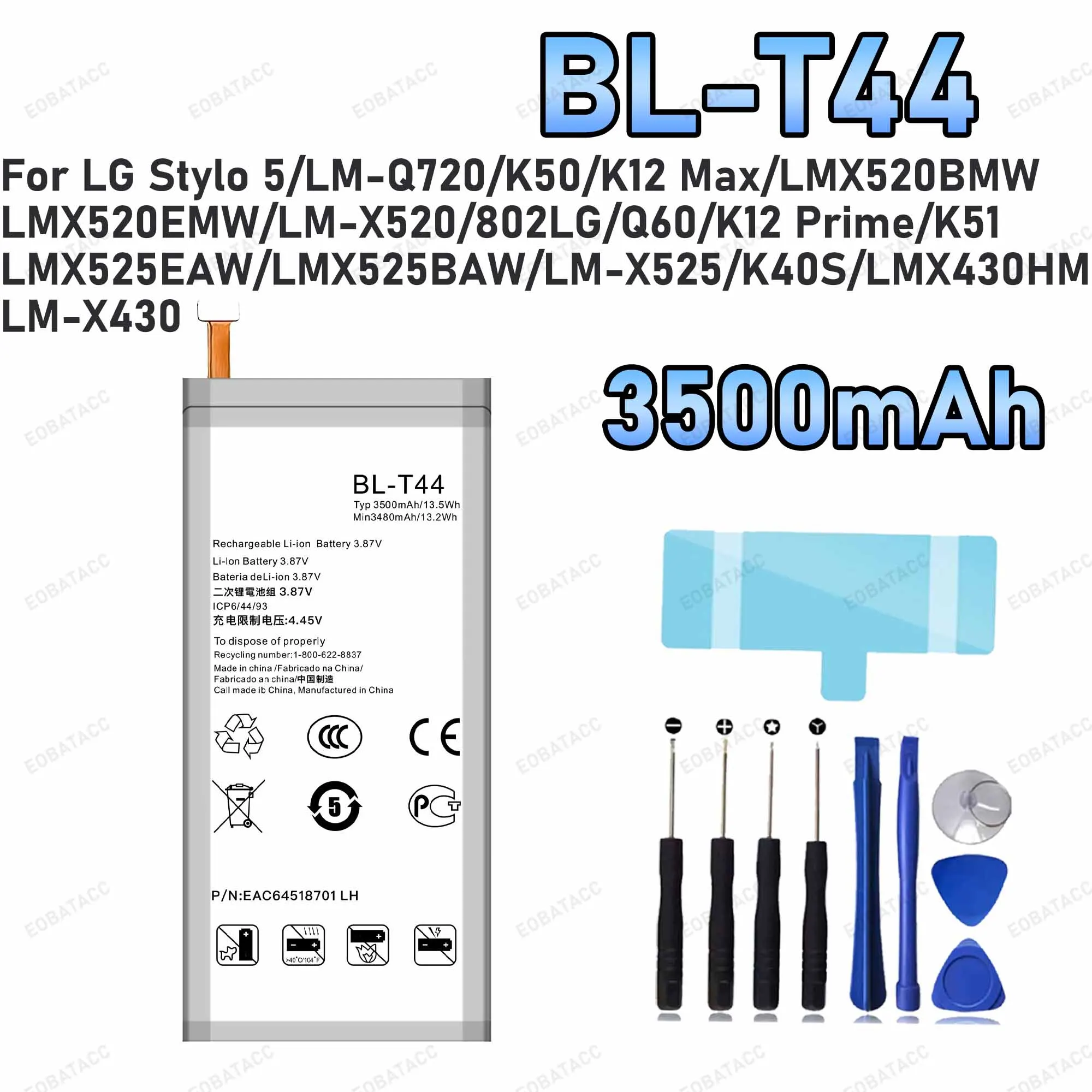 3500mAh BL-T44 Replacement Battery for LG Stylo 5/LM-Q720/K50 battery Repair Tools Kit