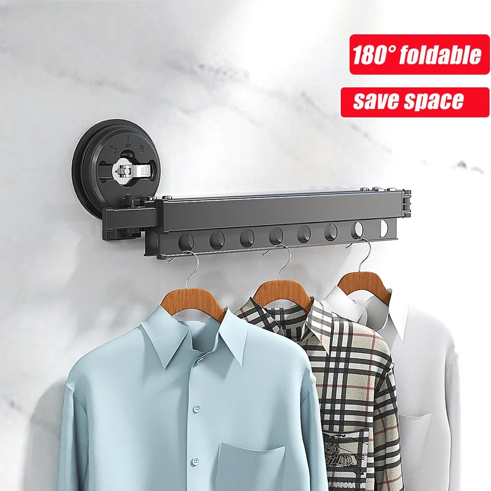 Folding Clothes Rack Aluminum Clothes Hangers Black Wall Mount Rack Drying Rack Sucker Install Clothes Home Laundry Clothesline