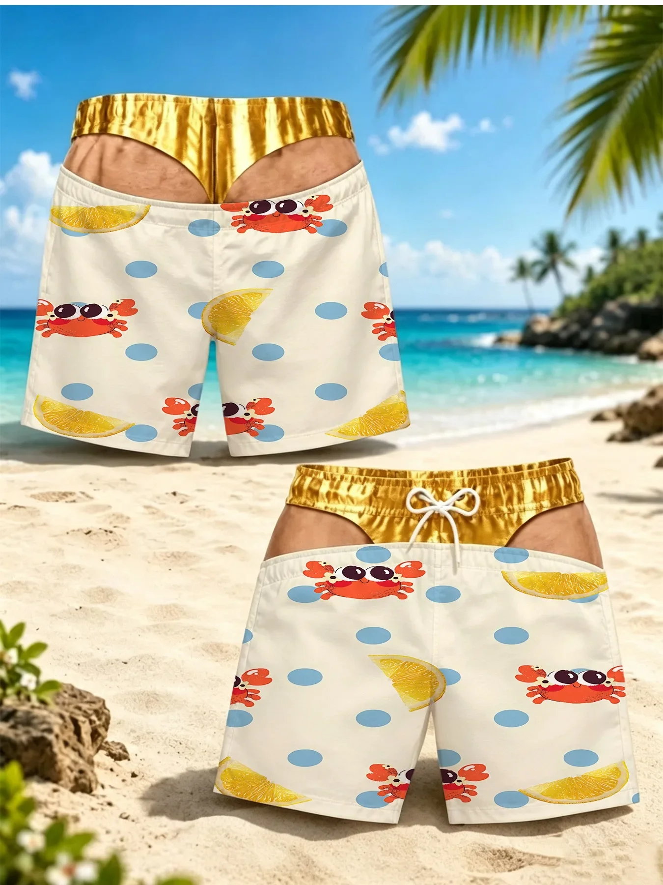 Men Funny 3D Illusion Beach Shorts Shark Ocean Wave Print Fake Gold Underwear Quick Dry Drawstring Swim Trunks