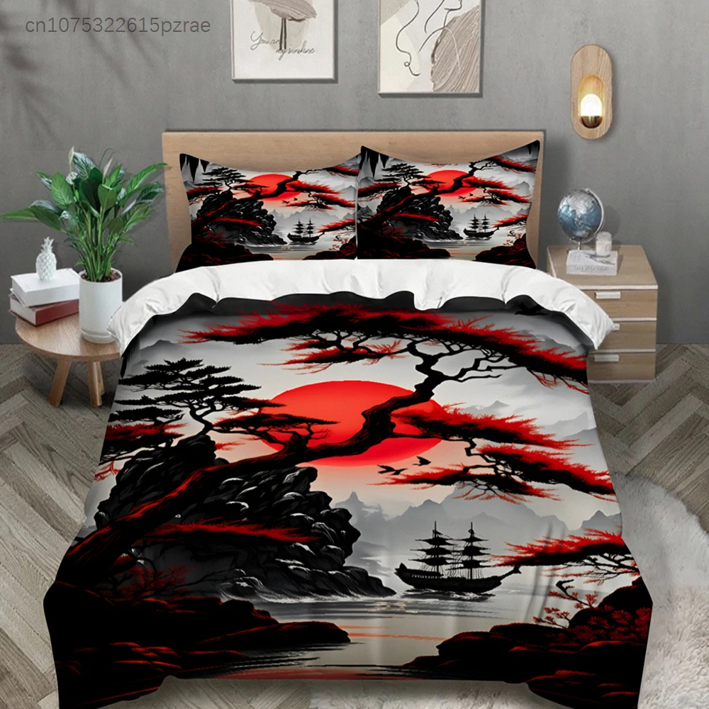 3pcs Japanese Landscape Bedding Sets 3D Printed Red Sunset And Pine Tree Duvet Cover Sets With Pillowcases No Filling