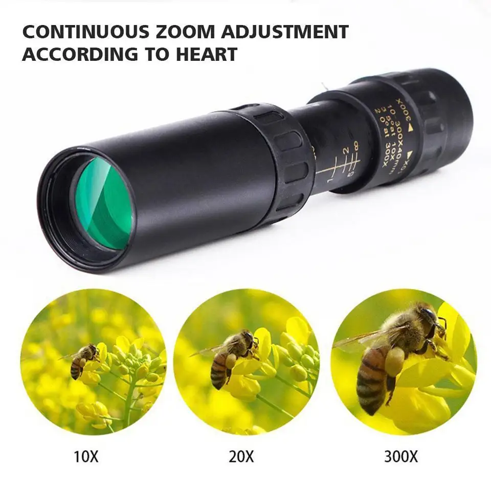 Monocolo Zoom HD 10-300X Portatile – Visione Notturna, Prisma BAK4, 30mm, Con Treppiede E Clip Per Smartphone, Per Caccia E Birdwatching