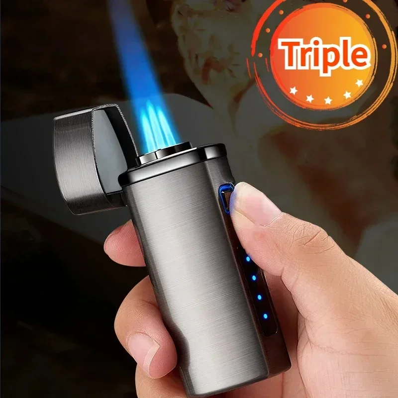 

Triple Touch Lighter Sensing Electric Metal Lighter Blue Flame Jet Cigar Tool Windproof USB Turbo Three Flashlight Lighter Men