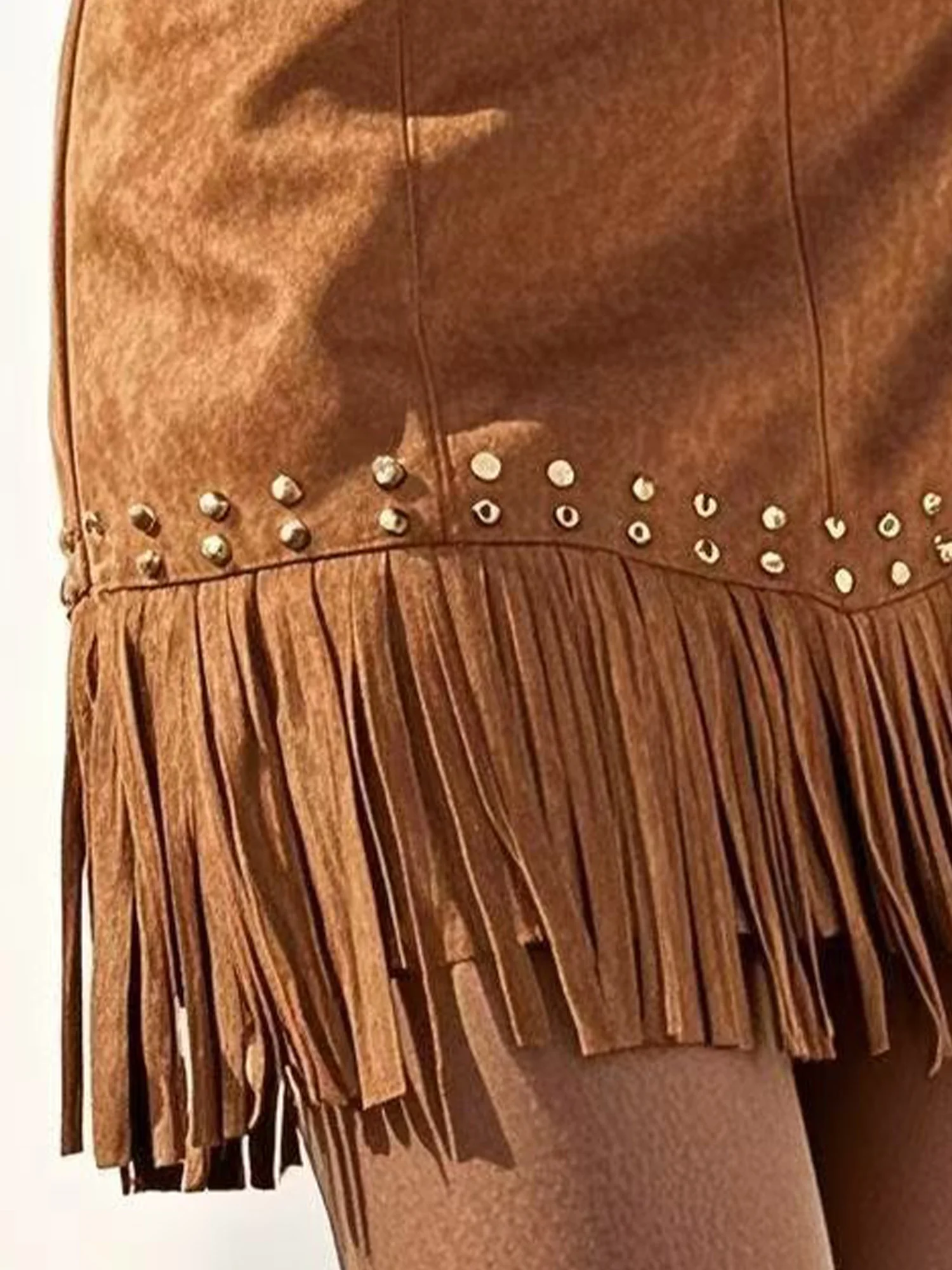 Mulheres y2k retro cowgirl franja mini saias ouro parafuso prisioneiro enfeites borla hem saia de camurça falsa para hippie dança festa temática