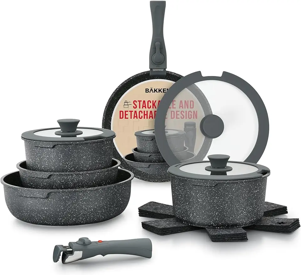 Bakken-Juego de utensilios de cocina Swiss desmontable, antiadherente de granito, para todas las estufas y horno, seguro, revestimiento negro de mármol, 15 piezas