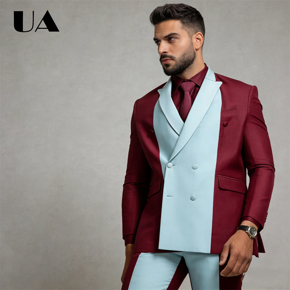 مجموعة بدلة غير رسمية على الموضة من ULBYANRY للرجال، قطعتان بدلة رسمية ملابس مزدوجة الصدر سترة بانت XXs-7XL بدلة سهرة كبيرة للرجال #3