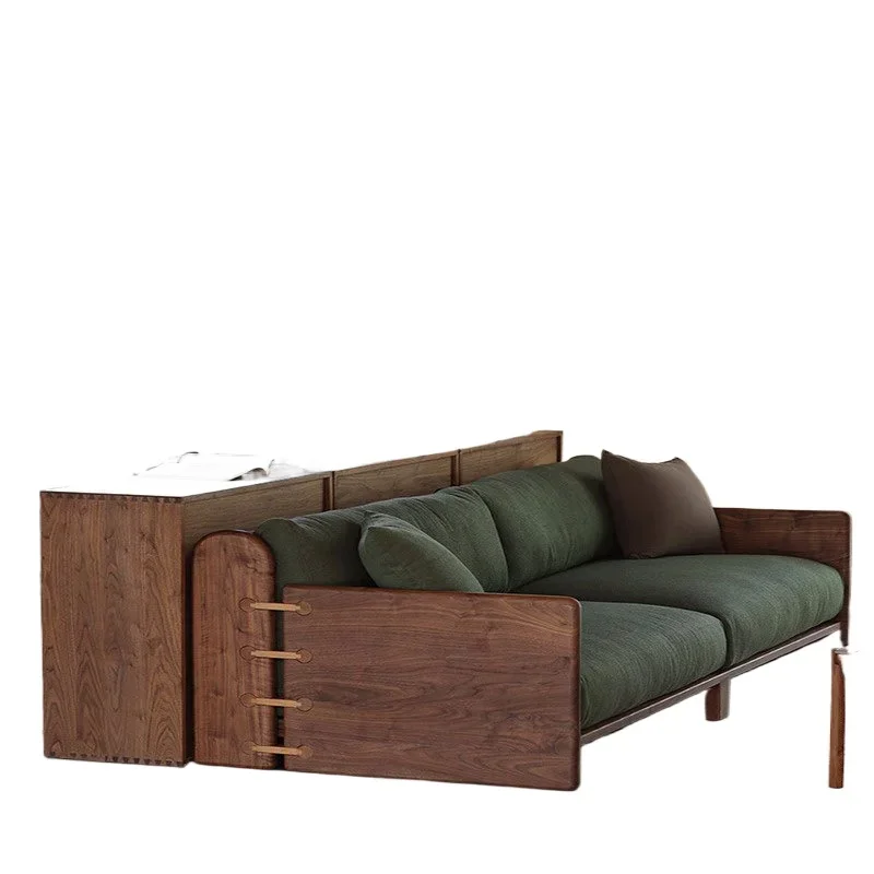

North American all-solid wood black walnut large sofa combination, small apartment retro three-person sofa