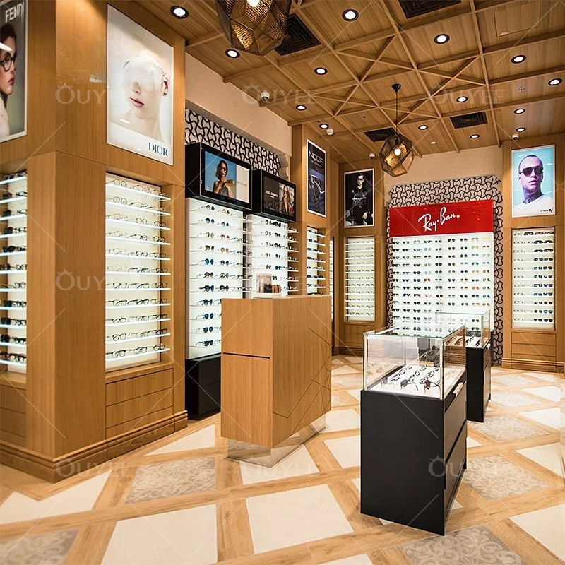 Display cabinet Iron wooden glasses display stand with lamp sunglasses wall cabinet Creative glasses booth shelf