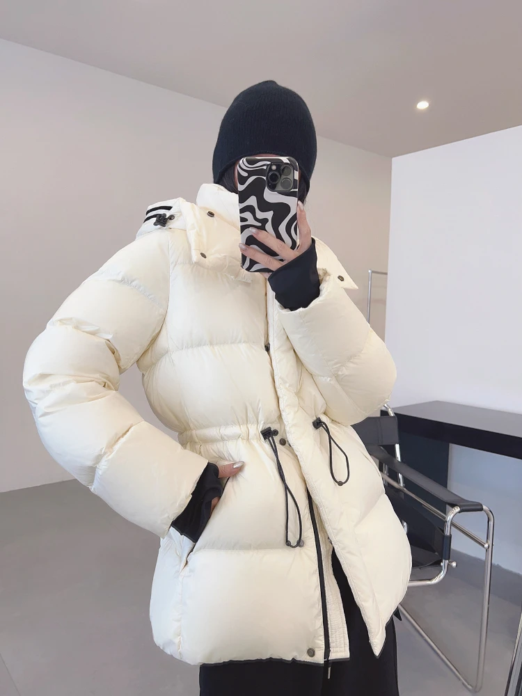 Winter New Down Jacket Female White Duck Down Thicken Warm Mid-length Hooded Puffer Jacket Stand Collar Drawstring Slim Coat