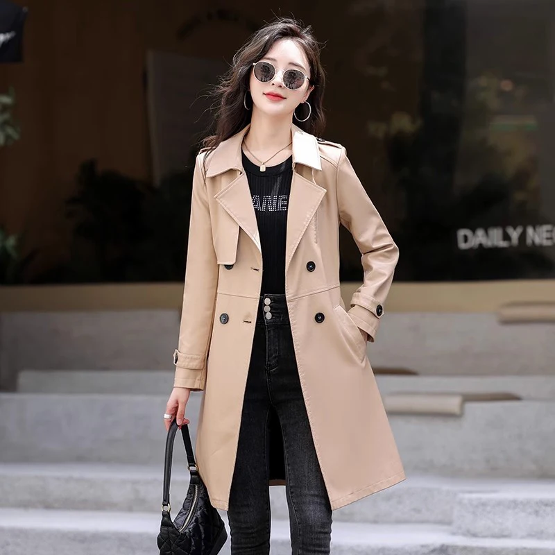 Nouveau Femmes Manteau en cuir décontracté Printemps Automne Mode Col de costume Double boutonnage À Lacets Mince Trench-coat Cuir fendu Manteau coupe-vent long