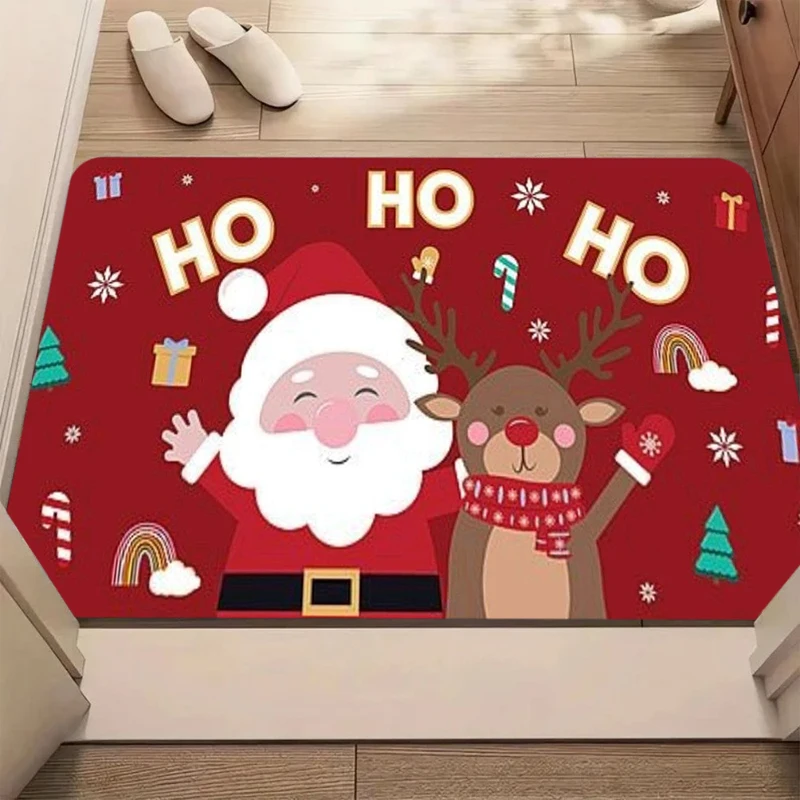 Red Cartoon Santa Reindeer Ho Ho Ho Snowflake Gift Candy Tree Entrance Mat Non-Slip Doormat for Front Door Porch Joy