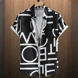 Camisas masculinas de geometria impressa em 3D, cor gráficos, botão moda, manga curta, lapela havaiana, verão