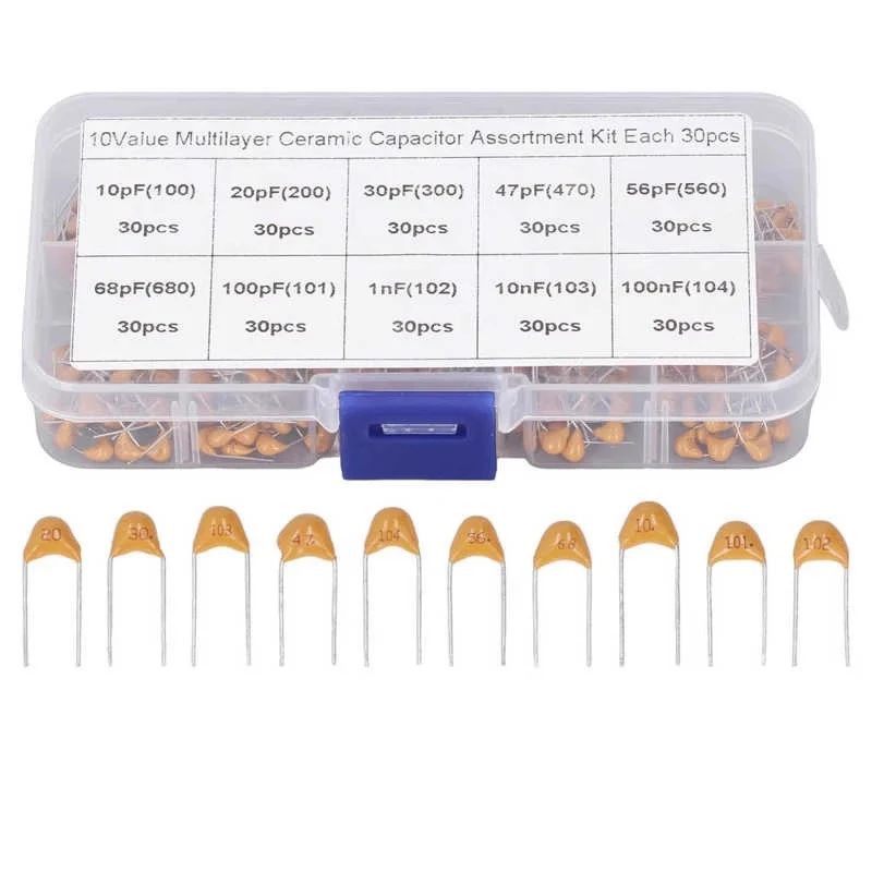 

300PCS monolithic capacitors, 30 pcs each of 10 specifications (10PF-100NF) plug-in, 300 pcs monolithic