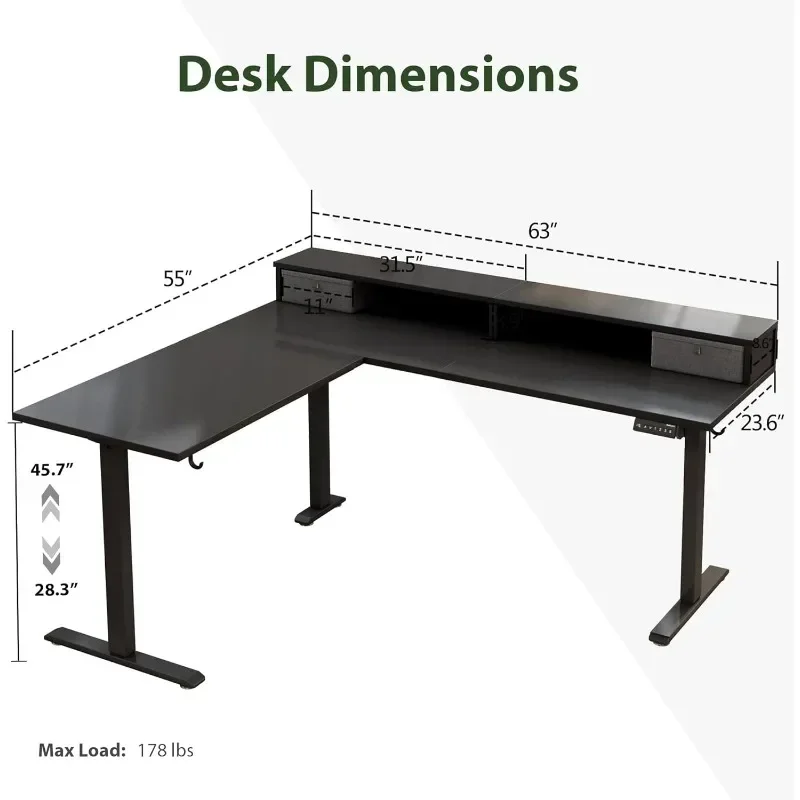 Elektrischer Stehschreibtisch in L-Form mit Schubladen, ergonomisch höhenverstellbarer Schreibtisch mit Stauraum