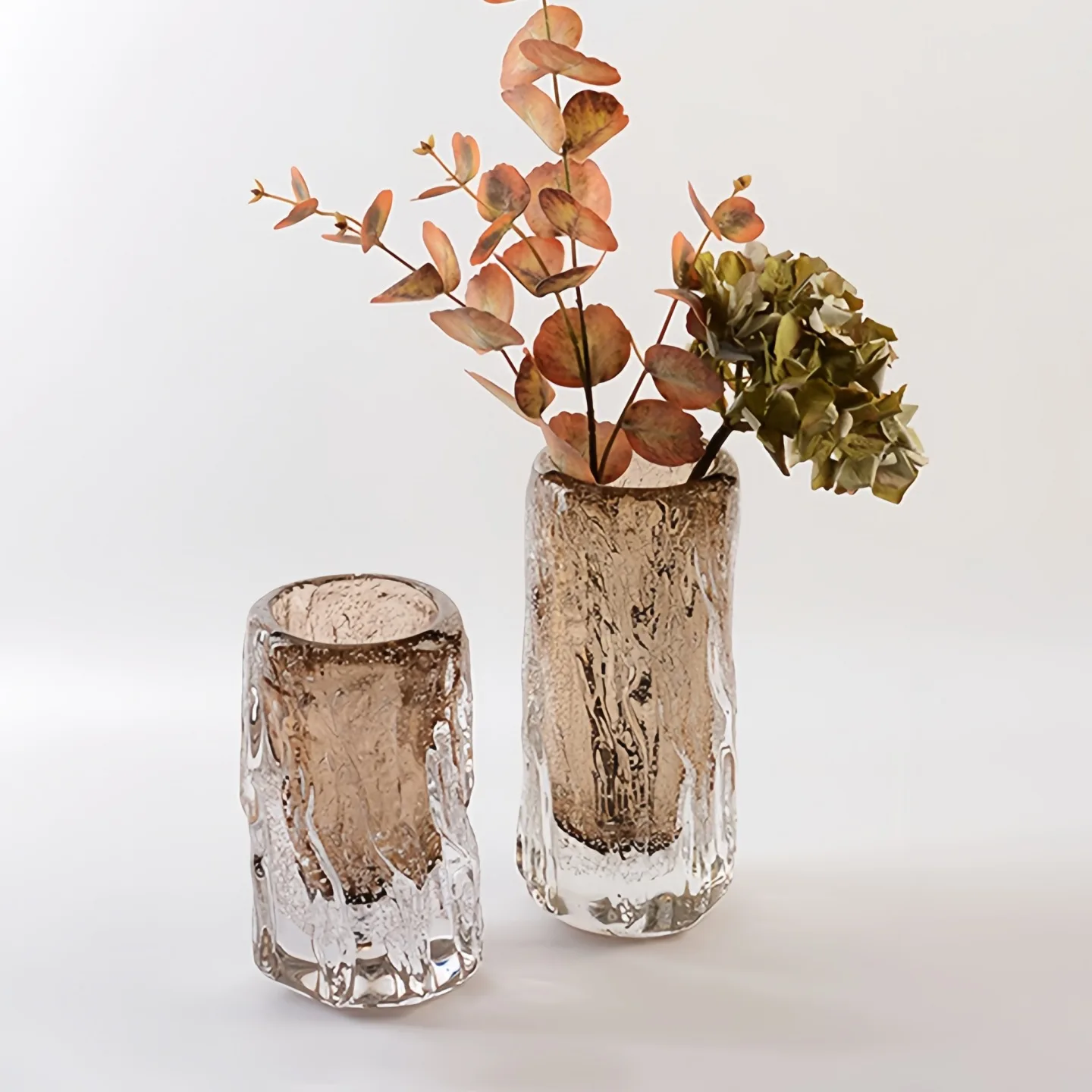 Light luxury high-end artificial wabi sand wind glass vase ornament glazed glacier texture bark pattern soft flower arrangement