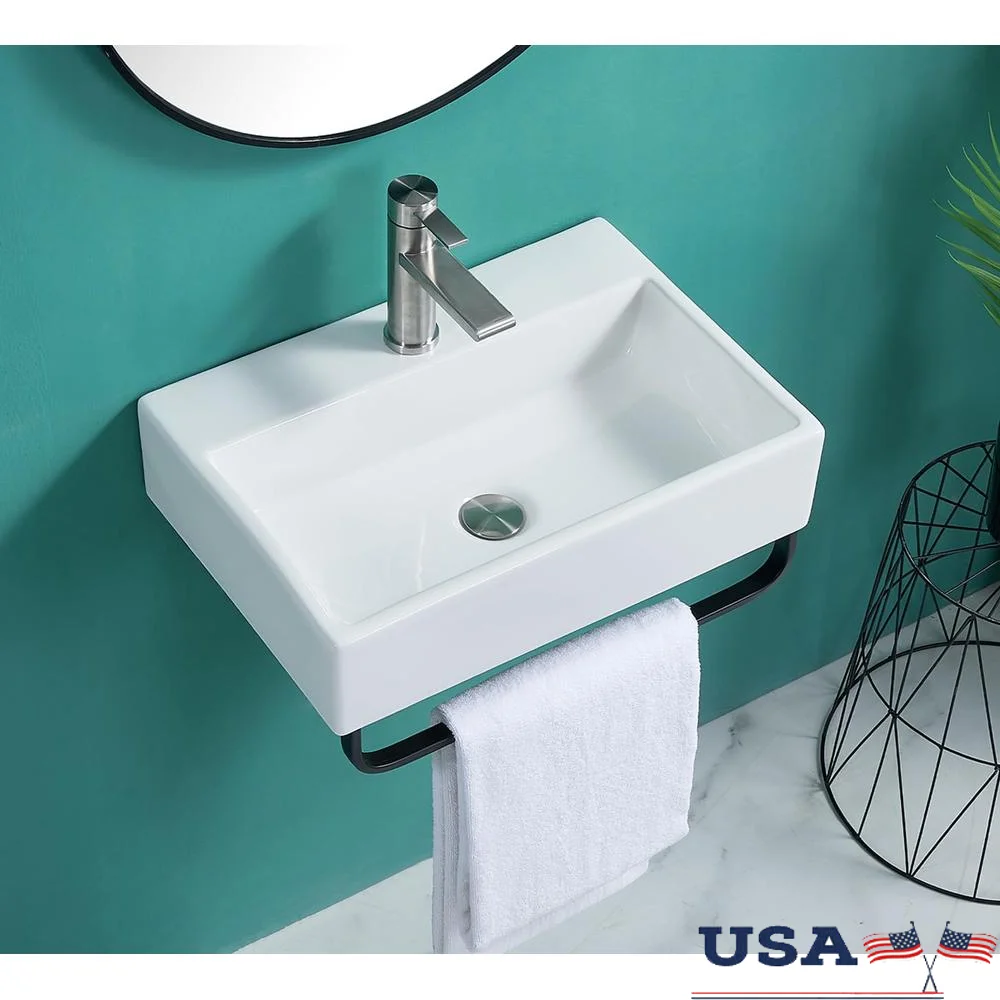 High Temperature Fired White Ceramic Wall Mounted Bathroom Sink with Towel Rack Easy Clean Stain Resistant