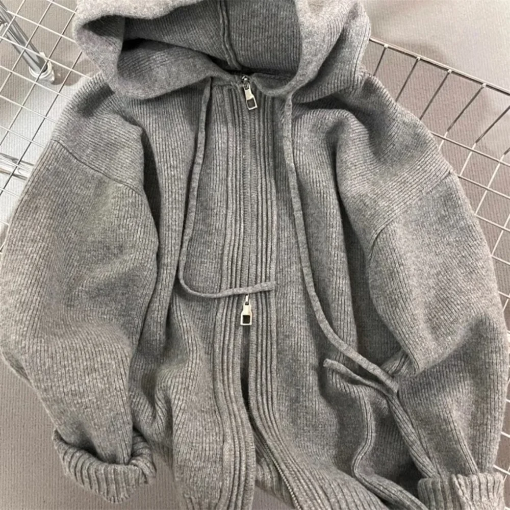 Women Loose Spring Autumn and Winter Outdoor Thickened Knitted Double Zipper Hoodie Coats Korean Gray Hood Sweater Outerwear