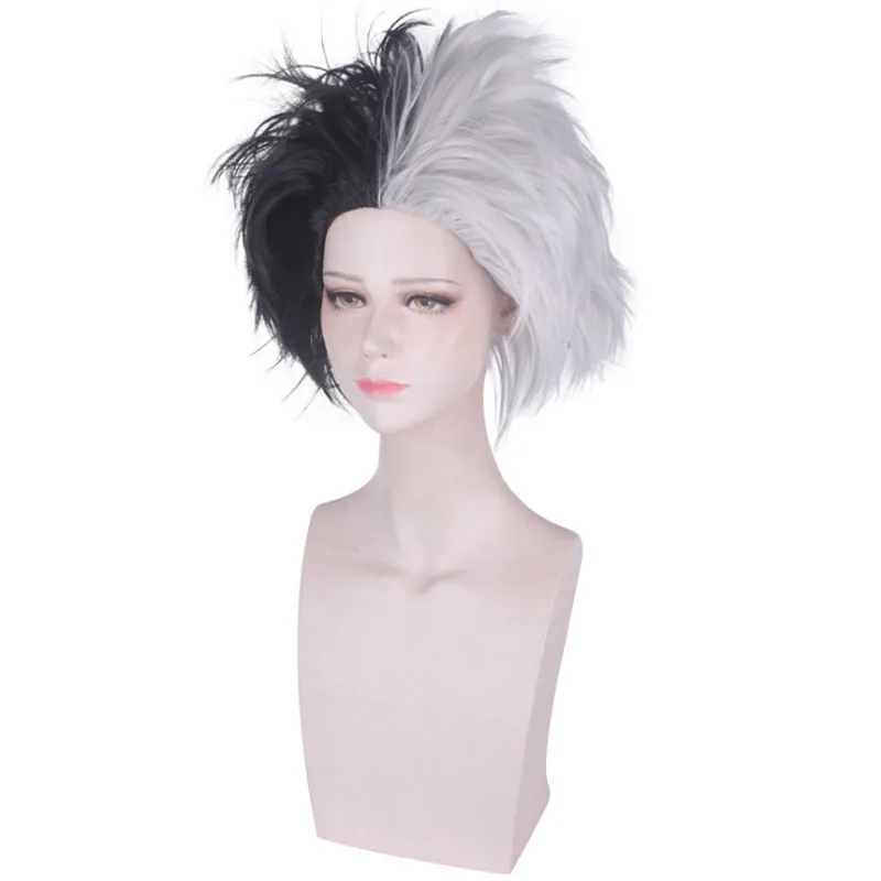 Cruella de vil peruca filmes cruella de vil cosplay metade preto e branco peruca afro de duas cores