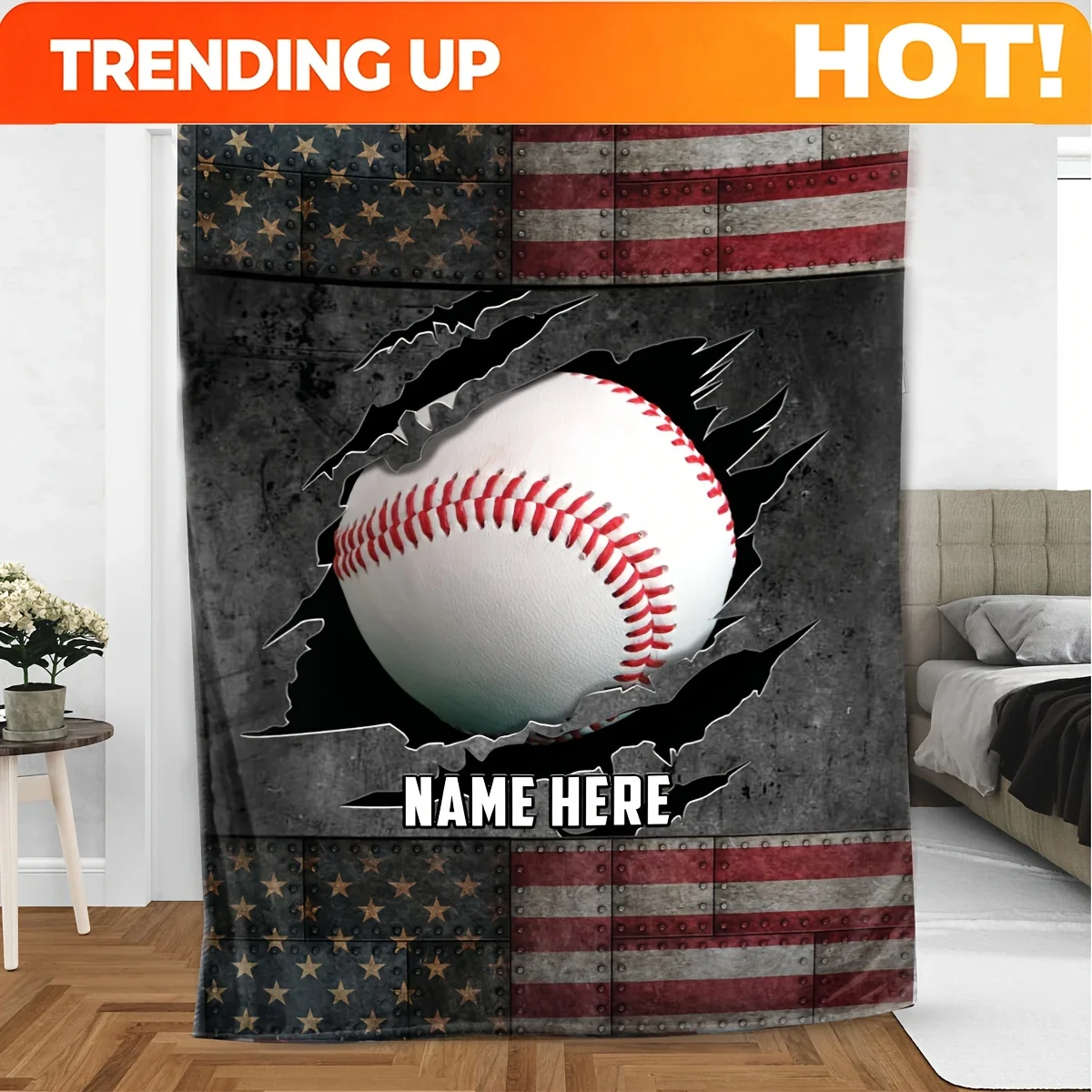 Customize Custom American Flag & Baseball Name Blanket - Soft, All-Season Flannel Throw for Couch, Bed, Travel, Camping, Living