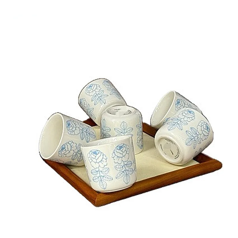 Limited Edition Nordic Hand Painted Ice Blue Sketch Rose Ceramic Cup 6 Piece Set Gift Box Home Office Drinkware Collection