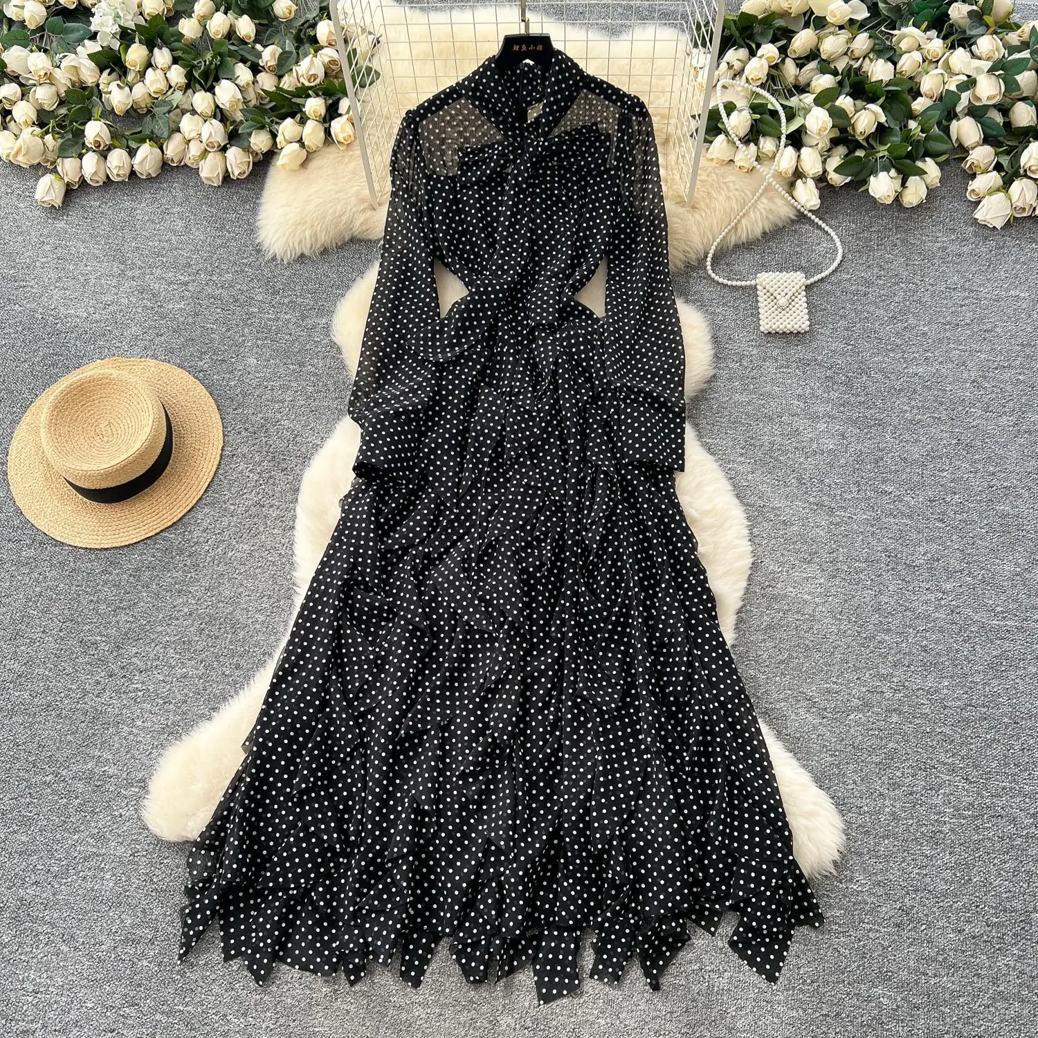 

Floor Length Dress Women Print Dot Irregular Long Sleeve Dresses Bow Lace Up Ruffles Splice Gown Lady Vestidos Autumn 2025
