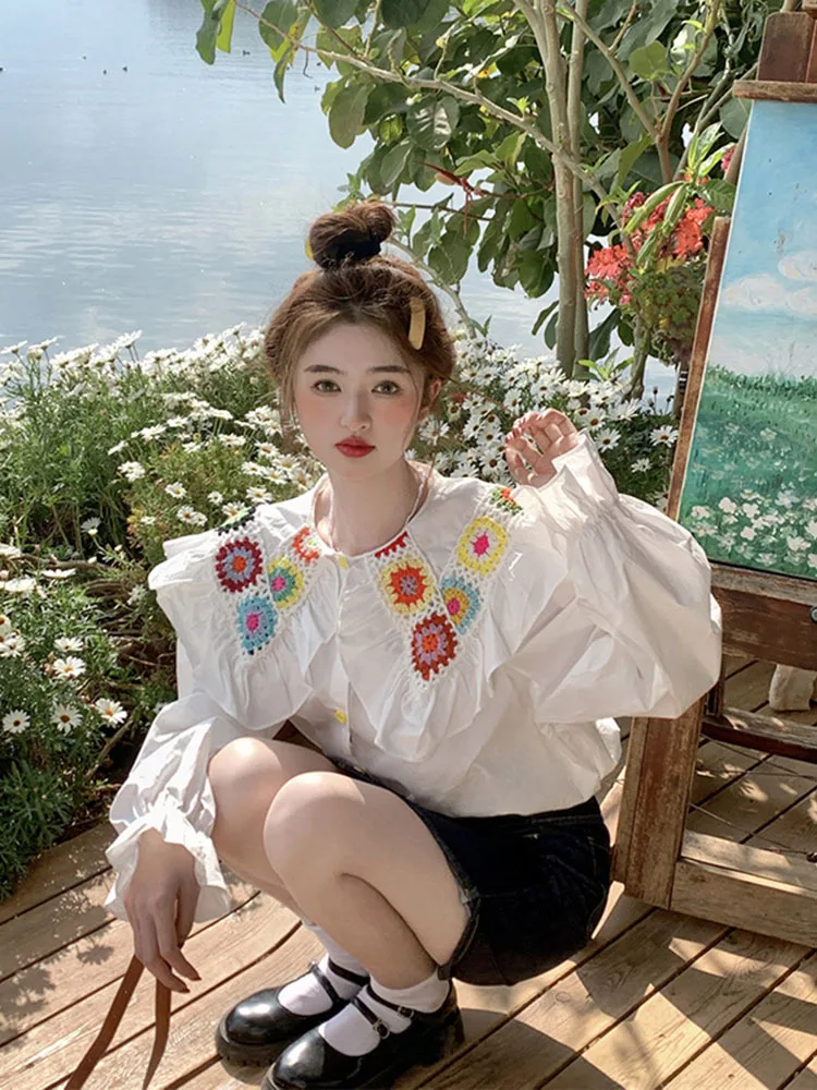 Woven Flower Peter Pan Collar Blouse Women Single Breasted Flare Long Sleeves Sweet Shirts Korean All Match Loose Tops