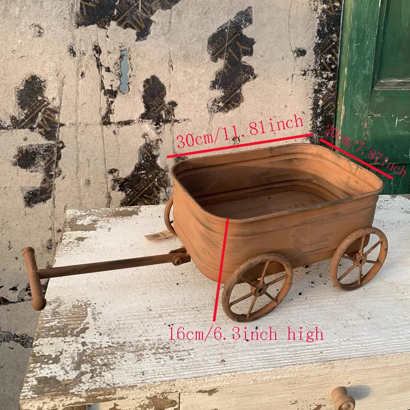 Garden Decor Rustic Metal Small Flower Cart with Movable Wheels