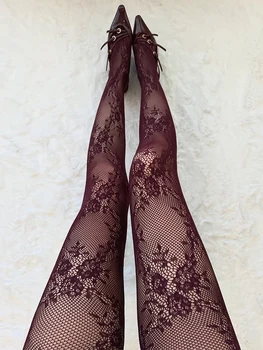 Sexy oco rendas meia-calça feminina verão moda sólida bodycon ver através meias festa clube vintage elástico meia-calça