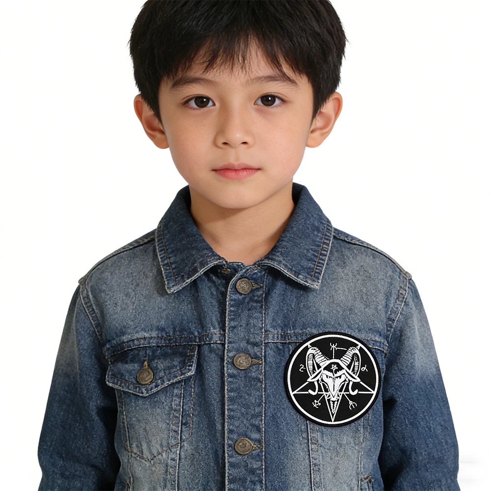 Dunkler Okkulter Satan-Ziegenkopf Pentagramm Aufbügelbarer Bestickter Aufnäher Punk Gothic Applikation für Kleidung Jacke DIY Reparatur-Abzeichen – Detail 5