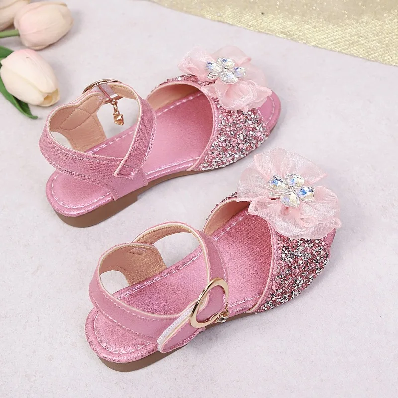 Kids Fashion Shoes Sweet Lace Bows Girls Dance Shoes Shiny Sequins 2026 Summer New Children Princess Sandals for Party Wedding