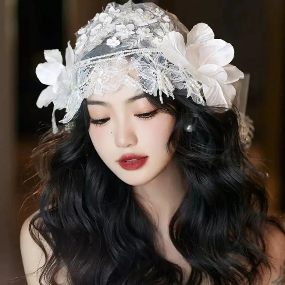

French Lace Floral Bridal Hat White Tulle Bride Headdress Luxury Pearls Beads Wedding Headwear Banquet