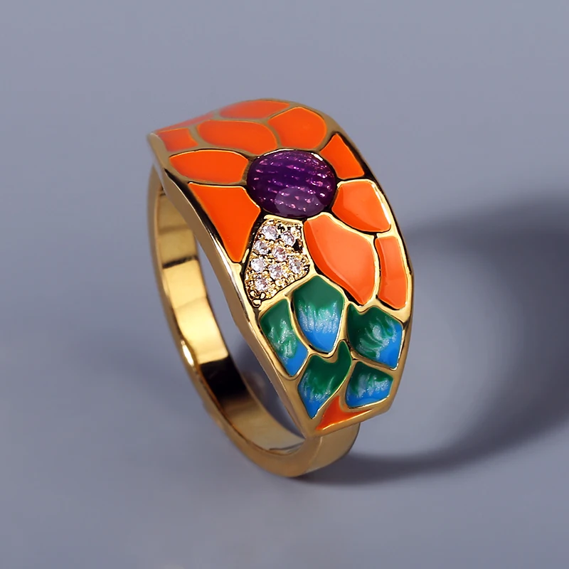 Exquisite handmade enamel epoxy ladies golden ring sunflower orange zircon ring ladies party jewelry 925 silver ring