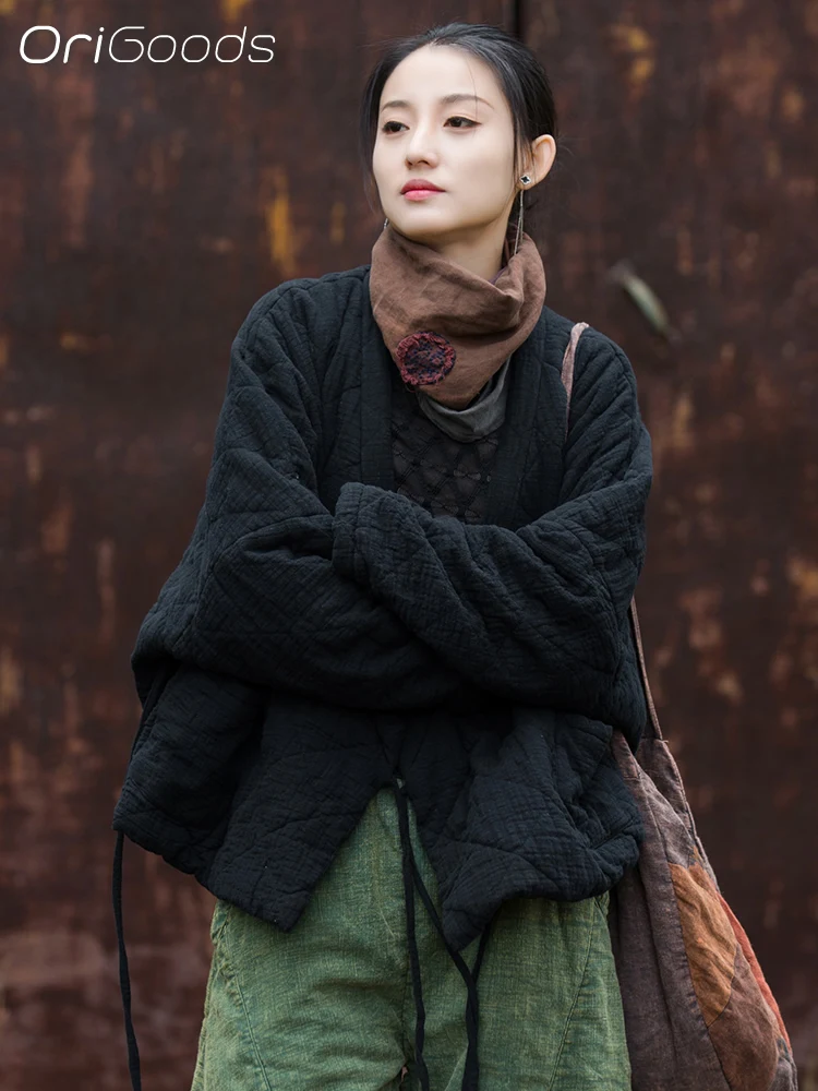 OriGoods Cotton Padded Kimono Jacket Woman Thick Warm Winter Kimono Quitlted Coat Japanese Style Oversized Outerwear Woman B280