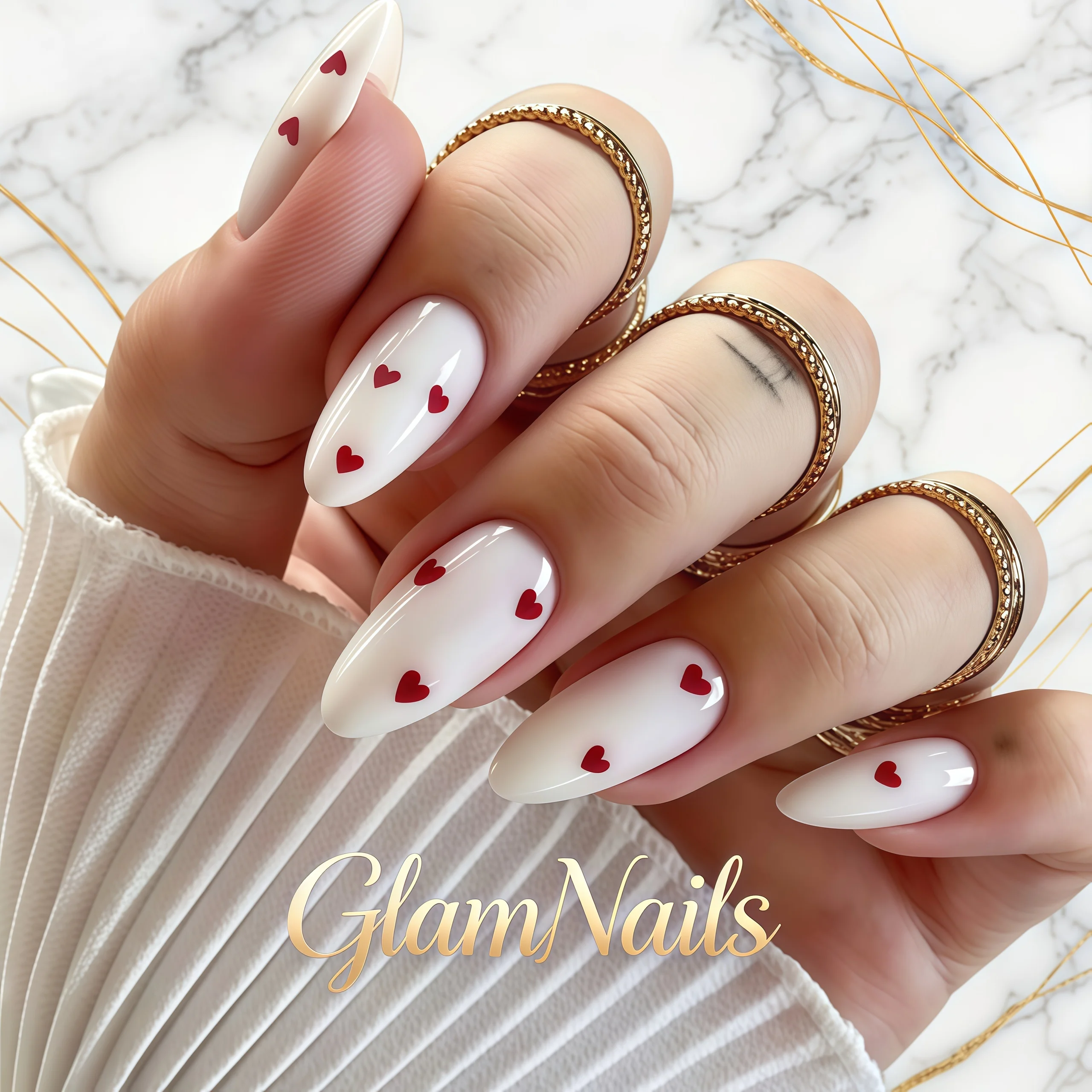 Nouveauté 2026 – 24 autocollants pour ongles en forme de cœur rouge et d'amande blanche, avec paillettes brillantes, design minimaliste, faux ongles