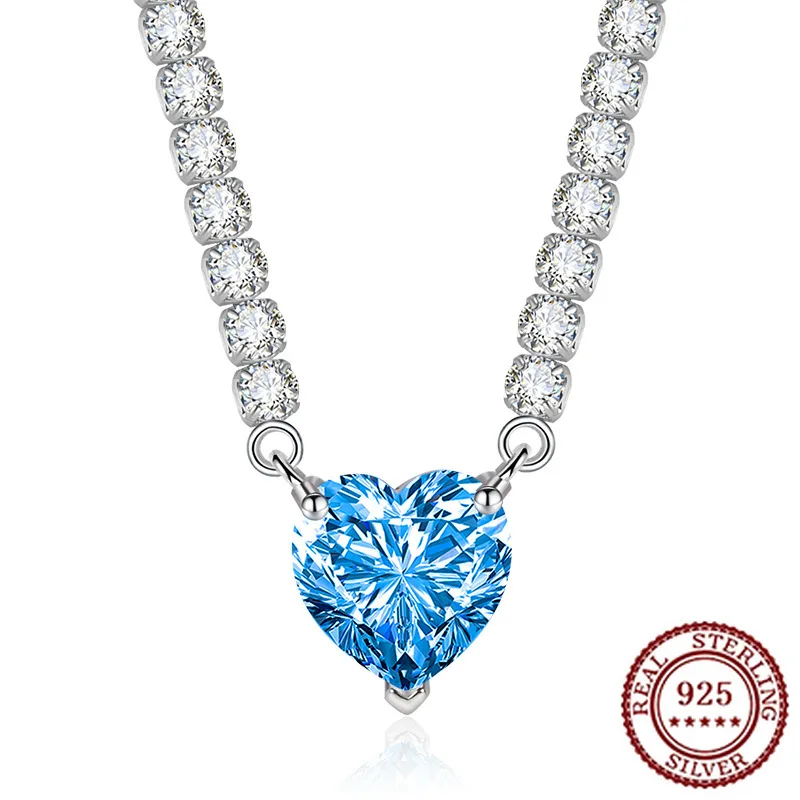 

925 Sterling Silver New Luxury Color Treasure Sea Blue Topaz Necklace Heart-shaped Collarbone Chain Pink Diamond Tennis Chain