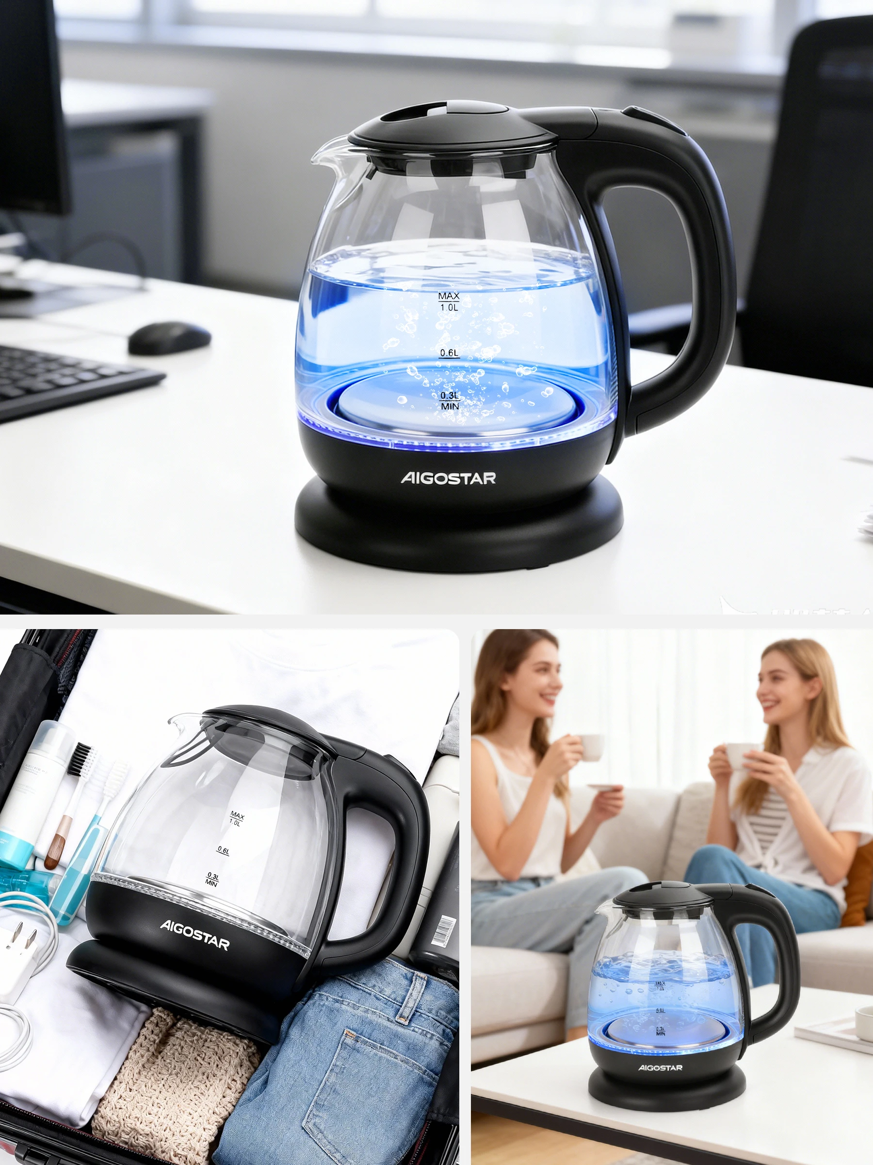 Aigostar Elfin Mini-Wasserkocher aus Borosilikatglas mit LED-Beleuchtung, 2200 W, Kapazität 1 l, BPA-frei, schnelles Kochen, Vakuumschutz, Schwarz
