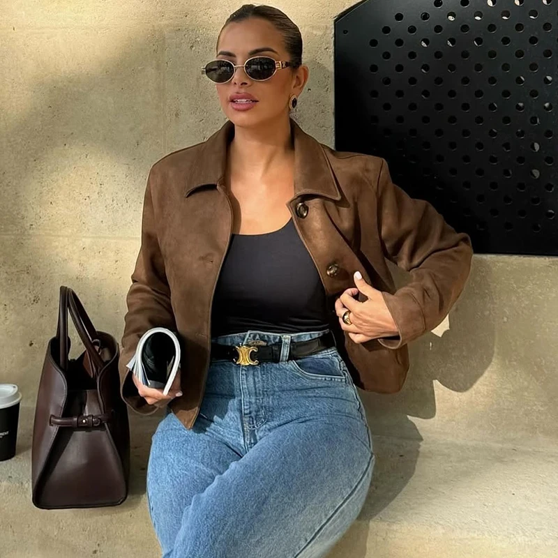 HXAO Jackets Coat Faux Suede Jacket Women Cropped Coat Autumn Button Brown Jacket For Woman Demi-Season Bomber Jacket Outerwear