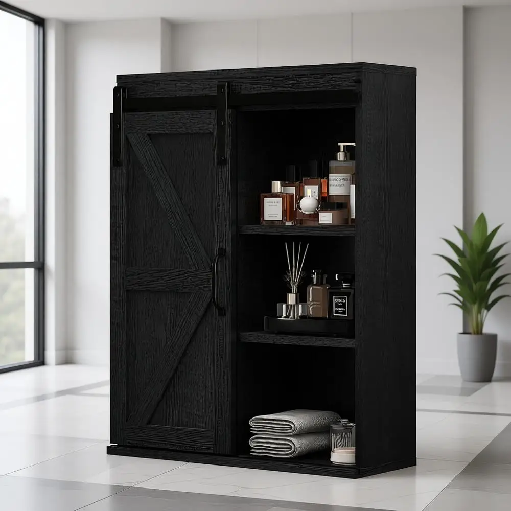 

Farmhouse Wood Wall Storage Bathroom Cabinet with Sliding Barn Door, Rustic Medicine Cabinet with Adjustable Shelf, 3-Tier Vinta